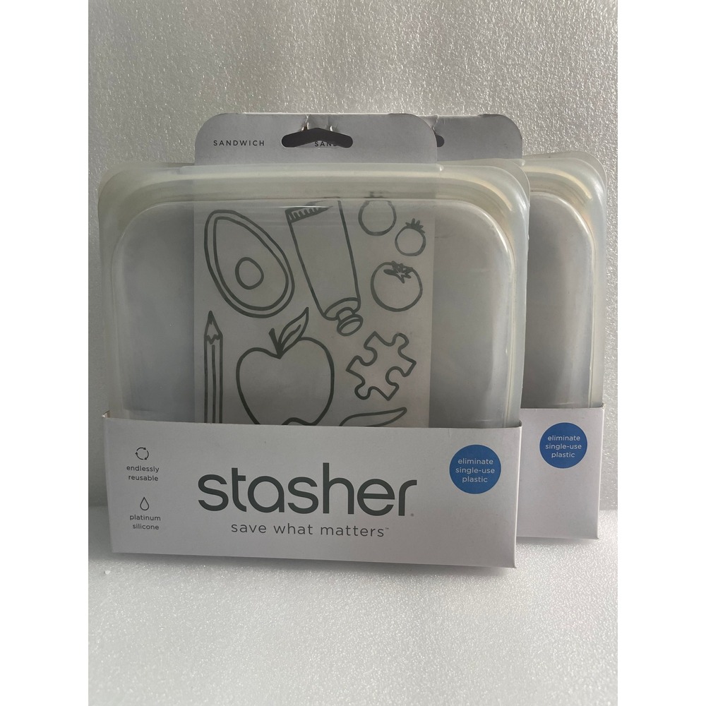 NEW Stasher Reusable Platinum Silicone Sandwich Storage Bag Clear Set of 2